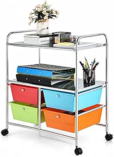 COSTWAY Drawers Storage Trolley, Home Office Stationary Rolling Cart with Shelves and Wheels, Multipurpose Mobile Organiser Shelving Unit for Makeup Beauty Salon (Multicolour)