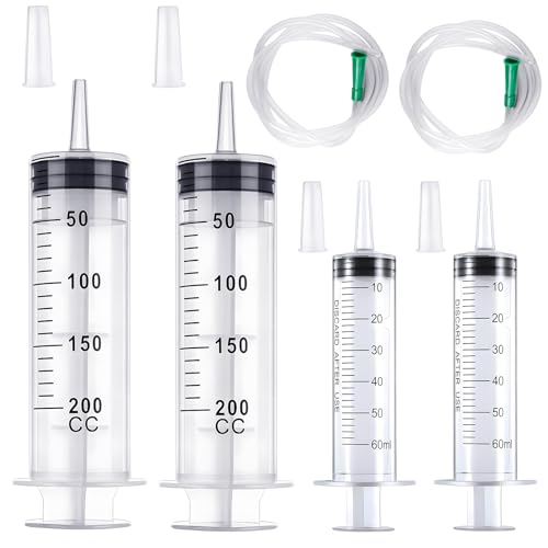 TAIHOBO Jeringuilla Grande 200ml/60ml, 4 Piezas Jeringa Grande sin Aguja con Tapa, Jeringuillas de Plástico con 2 Manguera, para Laboratorios, Alimentación de Mascotas y Recolección de Líquidos
