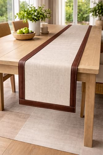 WWW.THROWPILLOW.IN Leather Edge Linen Table Runner 14x90 Inch|Farmhouse Chic Table Runner for 6.5 Feet Long Bedroom Side Table, Nightstand, Bedside Cabinet, Bed Table |Diwali Decor, Living Room