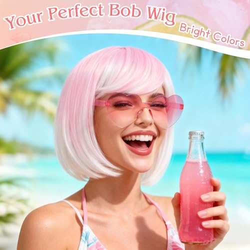 Image of PLULON Pink White Ombre Bob Wig with Bangs for Women Men, Colorful Short Funny Bob Wigs with Heart Sunglasses and Hair Cap Colored Cosplay Hairpieces for Halloween Costume Neon Bachelorette Party