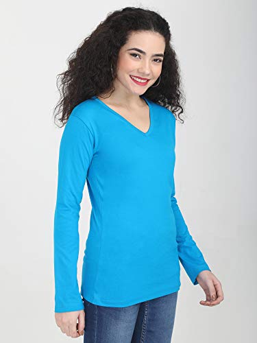 Image of FLEXIMAA Women's Cotton Plain V Neck Full Sleeve T-Shirt