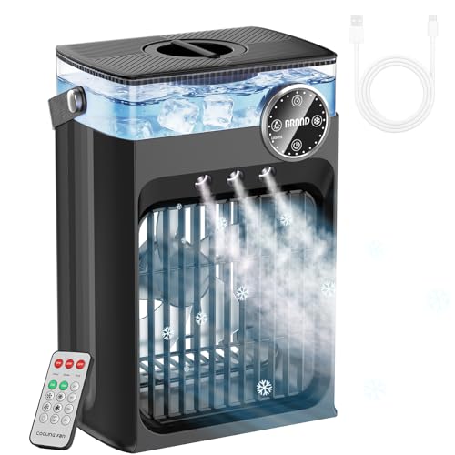 Image of Portable Air Conditioners, 4 in 1 Evaporative Air Cooler with 1200ML Tank, Queit Cooling Fan with Remote Control, 2-8H Timer, 3 Modes & 8 LED Lights, Personal AC Unit for Bedroom, Office and Camping