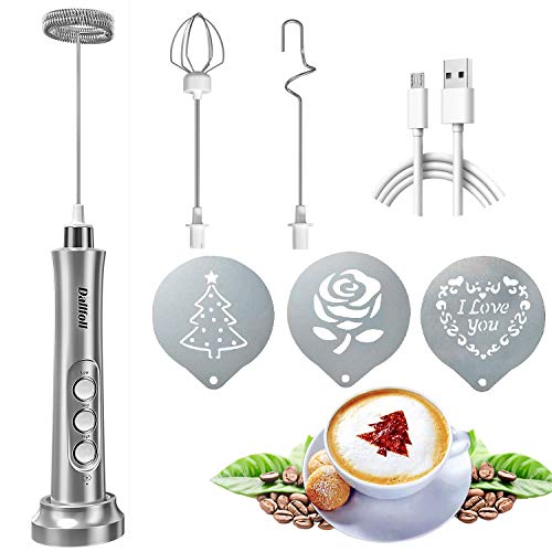 Milk Frother Handheld, Dallfoll USB Rechargeable Electric Mini Foam Maker for Coffee Lattes, 3 Speeds Milk Foamer Drink Mixer with 3 Whisks for Bulletproof Coffee, Cappuccino, Matchatproof Coffee, Matcha