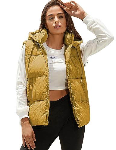 Tanming Black Puffer Vest Women Zip Up Lightweight Sleeveless Winter Outerwear Vests with Hood (Yellow-S)