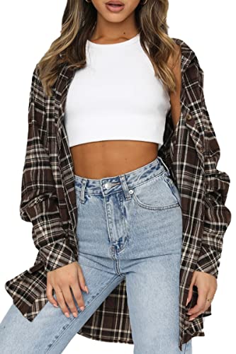 Image of CHYRII Womens Button Down Flannel Shirts Long Sleeve Plaid Shackets Business Casual Blouse Top