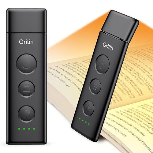 Gritin Book Light Rechargeable, Eye Caring 3-Color & 5-Brightness Clip on LED Reading Light for Books in Bed- Stepless Dimming, Long Lasting, Compact Size Flexible Book Lamp for Bookworms-Black