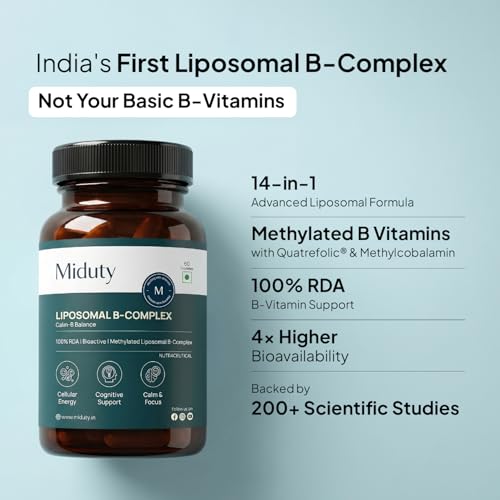 Image of Miduty Liposomal B-Complex | Methylated Vitamin B-Complex with 8 Bioactive B-Vitamins, Quatrefolic, Choline, ALA, KSM-66, Mg & L-Theanine | Daily Energy, Stress & Focus Support for Men & Women | 60 Veg Caps