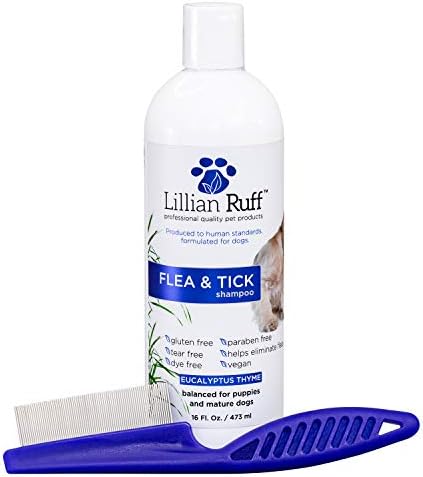 Lillian Ruff Flea and Tick Shampoo for Dogs with Aloe Vera - Soothe The Itch and Repel The Critters with Natural Essential Oils - Balanced for Puppies and Mature Dogs (16 oz with Flea Comb)