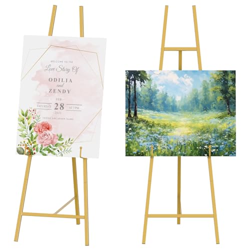 2 Pack Metal Scroll Display Easel Gold Decorative Large Adjustable Floor Standing Easel with Chain Support Arts Crafts Painting Drawing Art Supplies Easels Perfect for Picture Frame Wedding Sign