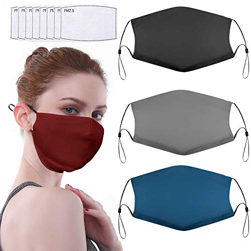 Bombline 4 PCS Washable Cloth Face Mask with Adjustable Ear Loops and Filter Pocket for Women and Men, Reusable Face Cover - Black/Grey/Navy Blue/Burgundy Red