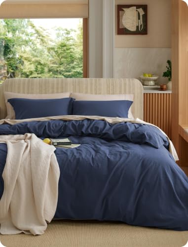 Image of Bedsure 100% Washed Cotton Duvet Cover Oversized King Size - Navy Minimalist Bedding Set Linen Like - PureWoven Plain Simple & Soft Comforter Cover for All Seasons (Navy, Oversized King, 120 inchx98 inch)
