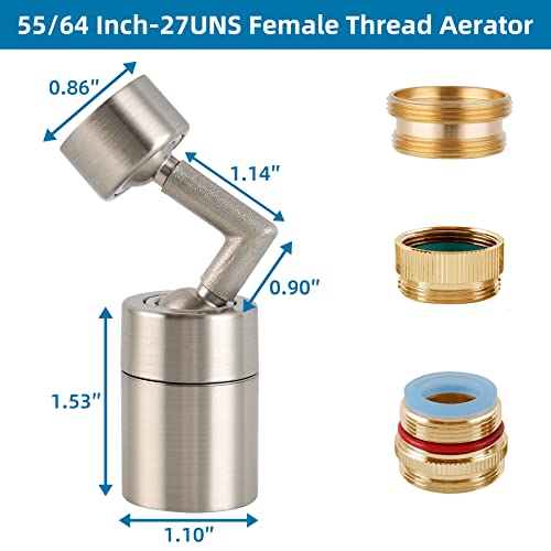 720 Degree Swivel Faucet Extender Female Sink Faucet Aerator With Male Adapter, Faucet Sprayer Attachment Can Be Used As Eyewash Station, 55/64”-27Uns Female Swivel Faucet Aerator, Brushed Nickel #TOP1