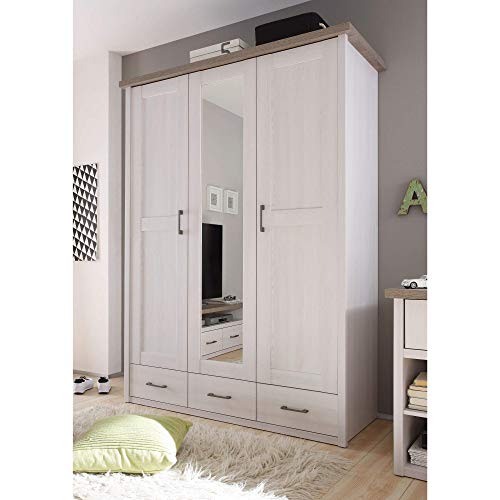 Stella Trading Stella Trading Eleganter Kleiderschrank im Landhausstil 3-türig - Vielseitiger Drehtürenschrank mit Spiegeltür in Pinie weiß / trüffel - 148 x 201 x 62 cm (B/H/T)