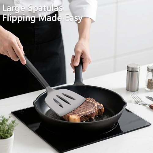 Image of Coukre 3 Pack Silicone Spatula Set, Heat Resistant to 500F, BPA-Free | Fish Spatula, Solid & Slotted Turners, Dishwasher Safe, Spatula Set for Eggs, Pancakes, Fish & Burgers, GrayBlack