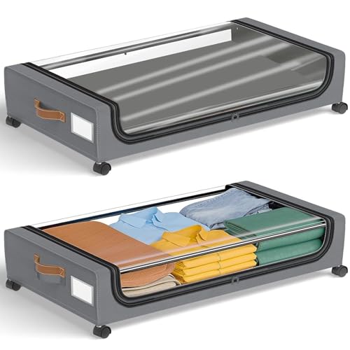 ANTREATU 2-Pack Under Bed Storage Box with Lid 48L Underbed Storage with Wheels Rolling Steel Frame Underbed Containers for Clothes, Blankets, Shoes | Space Saving Design (Grey)