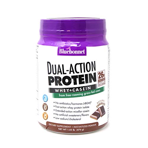 Bluebonnet Nutrition Dual-Action Protein Powder, Whey from Grass Fed Cows, 26 Grams of Protein, No Sugar Added, Non GMO, Gluten Free, Soy Free, Kosher Dairy, 1.05 lbs, 14 Servings, Chocolate Flavor