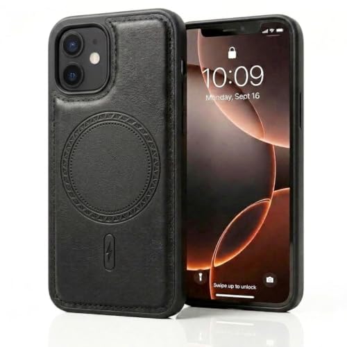 Image of amazon basics Premium PU Leather Case for iPhone 12, MagSafe Compatible Magnetic Ring, Sleek Protective Back Cover - [Black]