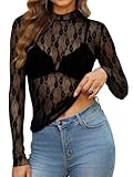Mesh Top Women High Neck Lace Undershirt Sheer Long Sleeve Shirts for Party Black Lace XL
