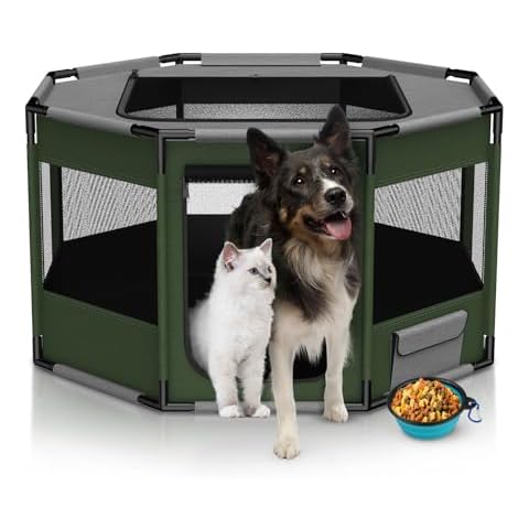 Dog Playpen Indoor Oxford Fabric + PVC Pipe Stable Puppy Playpens Pet Exercise Play Pen Octagon Breathable Mesh Crate for Small Large Dogs Portable Kennel Cage for Cats Rabbit Hamsters (L, Dark Green) Cover