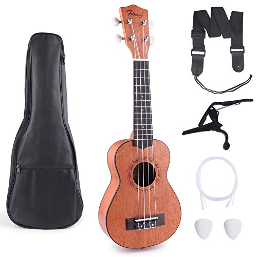 Soprano Ukulele Mahogany Wooden 21 Inch for Kids Beginner with Uke Gig Bag Strap Picks Capo Nylon String