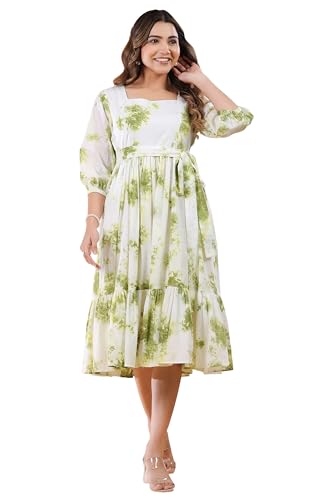 Janasya Women's Green Floral Cotton Tiered Dress – V-Neck With Puffed Sleeves & Pocket