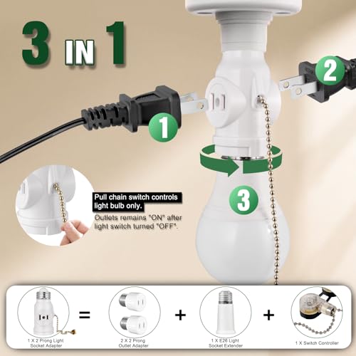 2-pack e26 light socket adapter - converts medium screw socket to two outlets with pull chain switch - ul listed white