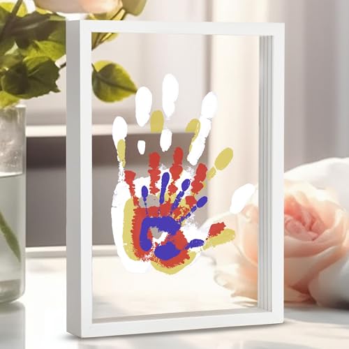 Image of CHERRY CHEERS Family Handprint Kit, DIY Craft Keepsake Wooden Frame, Endless Gift Set, Non-Toxic Paints, Transparent Sheets (White)