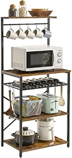 YMYNY Kitchen Baker's Rack, Microwave Oven Stand with Storage Shelves, Industrial Coffee Bar Station, with Adjustable Wine Holders and S-Hooks, Metal Frame, Rustic Brown, 143*40*59 cm, HBR001H