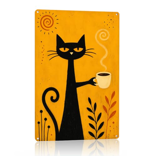YCYD Abstract Tall Black Cat With Coffee Cup Metal Tin Sign Boho Wall Decor | Warm Yellow Base Black Cat Bohemian Aesthetic Wall Art Decor for Household Coffee Nook Open Kitchen Dining Indoor 8x12 Inch