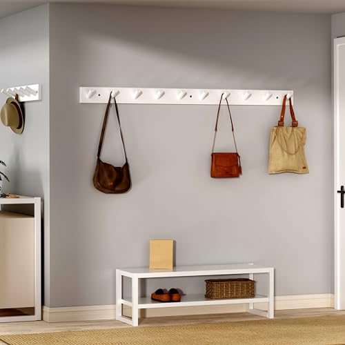 SKOLOO Wood Coat Rack Wall Mounted,10 Peg Long Bamboo Hook for Hanging Backpack Coat Towel Hat,16'' Hole to Hole,White - Image 3