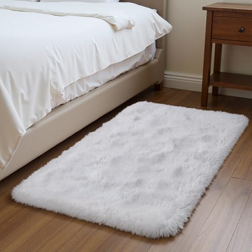 Small Bedside Rug, 2x3 Non Slip Fluffy Shaggy Entryway Throw Rugs for Bedroom Living Room, Indoor Floor Carpet for Kids Girls and Boys, Nursery Rooms Mat, Home Decor Aesthetic, White