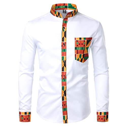 Chemise africaine homme manches longues vêtement Dashiki blanc taille L patchwork