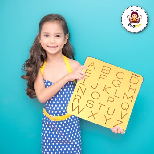 Image of BuGBee Alphabet tracing Board Capital ABC Wooden Slate | Montessori Materials Educational Puzzle Toys for 2+ Years Old Kids | Safe & Natural ABCD Board to Develop Memory & Writing Skills