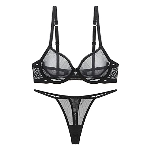 Women See Through Mesh Bra and Thong Set Transparent Sexy Underwear(D303TS+N112XD-Black-40D)