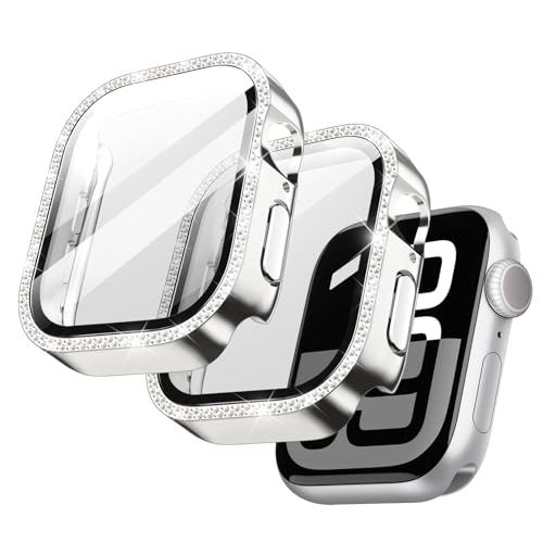 JETech Cover Bling Diamante con Pellicola Protettiva per Apple Watch Series 11/10 42mm, Custodia Protettivo Complessiva, Vetro Temperato Film Incorporato Alta Sensibilità, 2 Pezzi (Argento)