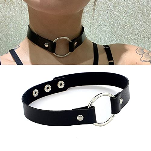 Conruich 4 Stück Leder Choker Damen Herz Anhänger Choker Einstellbar PU Leder Halskette Set Metall Ring Halsband Schwarz Punk Rock Gothic Halsband Kragen mit Kreis Herz für Frauen Zubehör