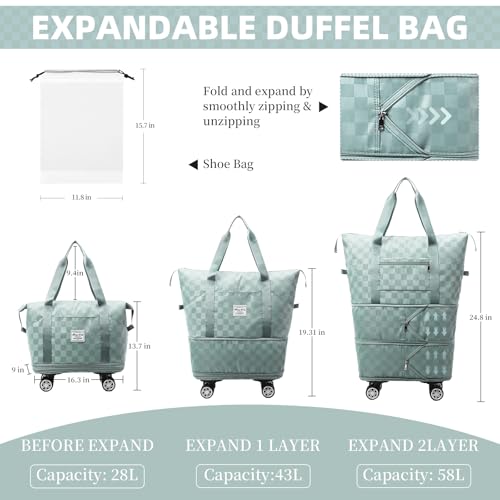Rolling Duffle Bag with Wheels and Shoe Bag for Travel Expandable Foldable Travel Duffel Bag Carry on Luggage Bag Checkerboard Weekender Bag for Men Women by Otikwio - Image 4
