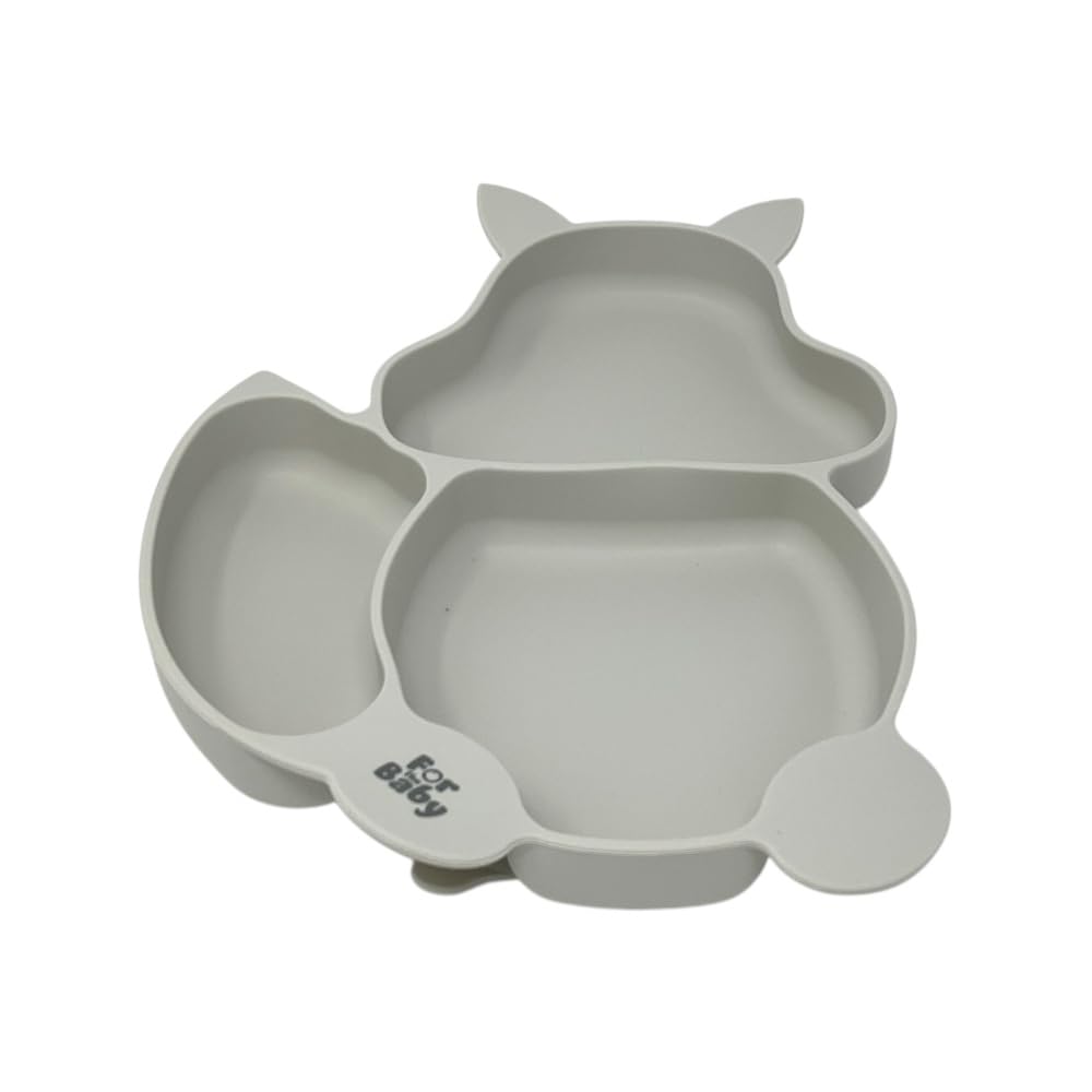Silicone Squirrel Suction Plate for Children, 24.2 x 18.5 cm, 3 Compartments, Dusty Pink/Blue/Grey (Pale Grey)