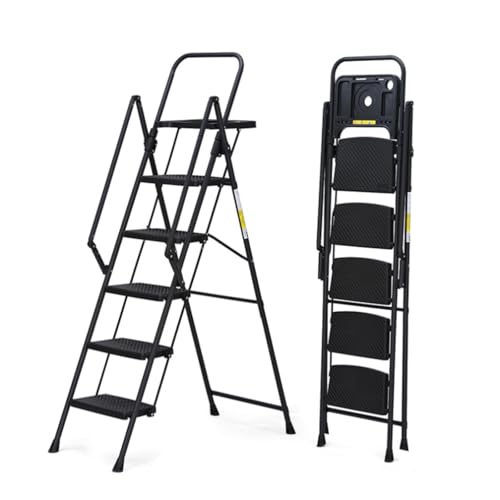 5 Step Ladder with Tool Tray, Foldable Step Stool with Handrails, Non-Slip Wide Pedals & Lightweight Steel Frame, Portable Household Ladder for Kitchen, Bathroom, Office, Cleaning (500 lbs Capacity)