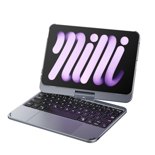 doqo iPad mini 7 & Mini 6 Hülle mit Tastatur 8,3 Zoll 2021/2024 – Tastaturhülle für iPad mini 7/6 mit Touchpad, 7-Farbiger Hintergrundbeleuchtung 360° drehbar Space Grau Deutsches Layout