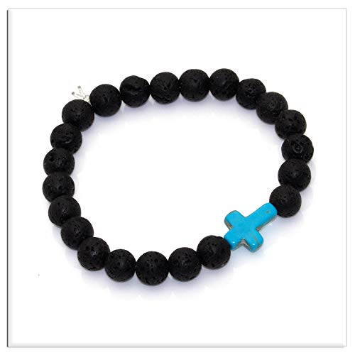 Image of Xusamss Fashion Religious Cross Bracelet 8mm Tiger Eye Turquoise Beads Elastic Bracelet,7 1 /2 wrist