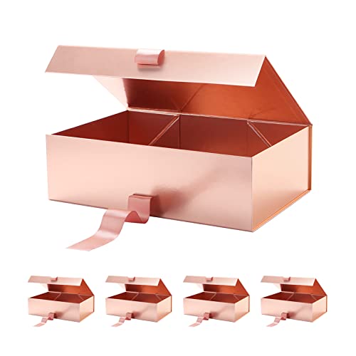 Rosegld 5 Large Gift Boxes With Ribbon 13.5X9X4.1 Inches, Collapsible Gift Boxes With Lids, Bridesmaid Proposal Boxes, Magnetic Gift Boxes For Presents (Glossy Rose Gold) #TOP2
