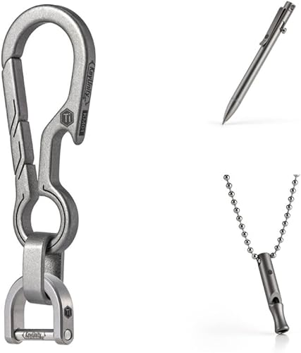 KeyUnity KM14SW Llavero de titanio EDC con anillo D, herramienta de escritura KP01 Bolt Action y KA22 Titanium EDC Whistle Bundle