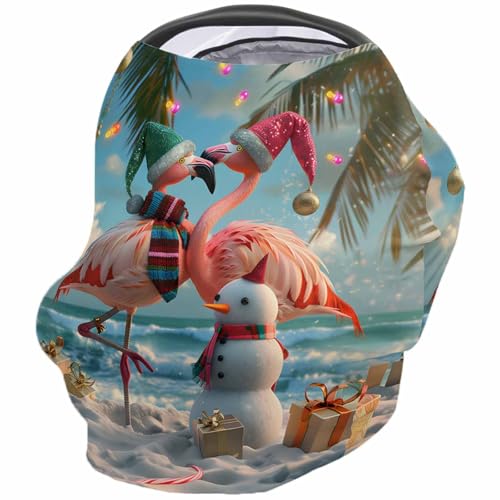Nursing Cover for Breastfeeding Scarf, Xmas Love Flamingos Sea Beach Snowman Baby Car Covers Super Soft Multi Use for Canopy Shopping Cart Cover Blanket Stroller Cover
