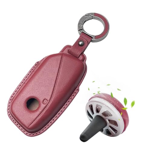 Image of Keyzone Premium Leather Key Cover & AC Vent Car Perfume Combo (4 Fragrances) | Compatible for BMW 7 Series 740i 760i X1 X7 XM IX I7, X5 2023 Onwards 4 Button Smart Key (Red)