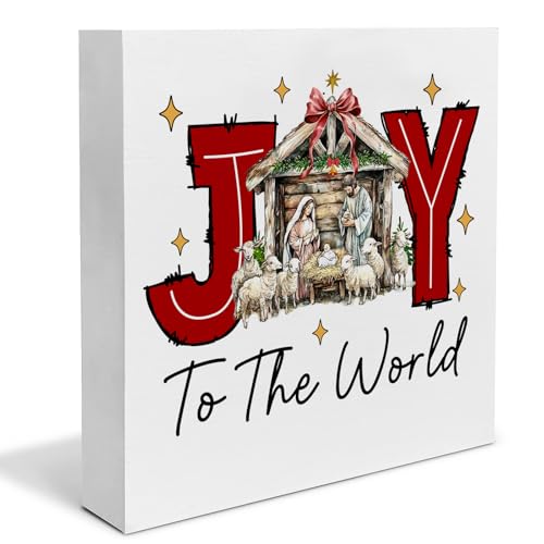 Joy to the World Christmas Decorations, Christian Religious Jesus Christmas Xmas Decorations Wooden Box Signs for Home Office Desk Indoor Tabletop 5 X 5 Inch