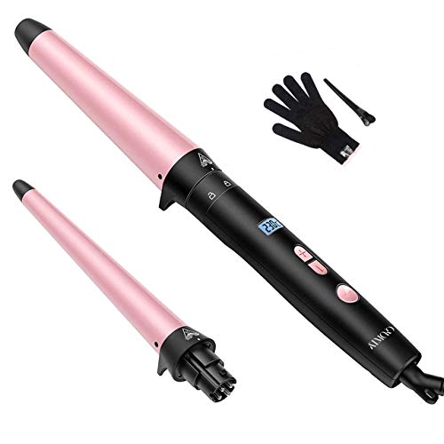 2 en 1 rizado varita para cabello largo y corto, 2 varitas de pelo ATMOKO de 13-25 mm 25-38 mm intercambiables, varita de cerámica para el pelo con pantalla LCD de apagado automático (rosa)