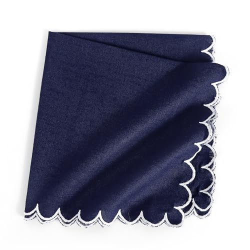 Image of FINGERCRAFT Scallop Edge Cloth Napkins | Set of 6 | 20x20 Inches | 100% Cotton | Table Napkins for Any Occasion | Washable, Perfect for Parties and Everyday Use (Navy Slub, Set of 6)