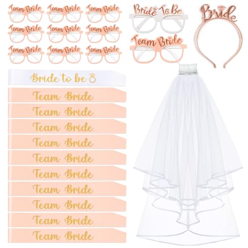 Yueshop 24 PCS Hen Party Accessories 1 Bride to be Sash + 10 Team Bride Sash + 11 Hen Party Glasses + 1 Hen Party Veil + 1 Bride to be Tiara Hen Do Accessories Hen Night Accessories Decoration