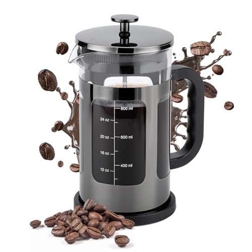 Lerway French Press Coffee & Tea Maker 1L with 4-Stage 304 Stainless Steel Filter System Heat-Resistant Borosilicate Glass Dishwasher Safe Gunmetal Frame Ideal for Hot and Cold Brew